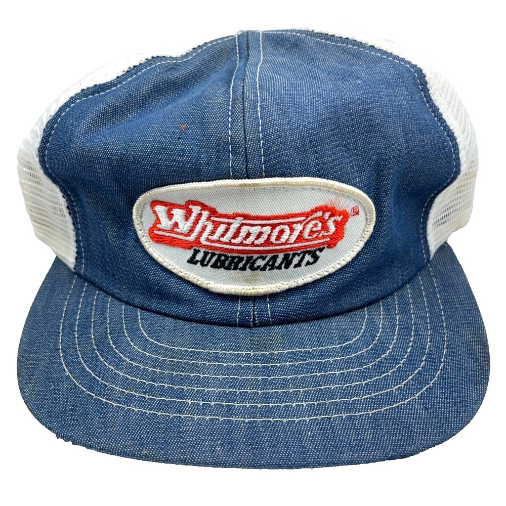 Vintage Swingster Trucker Hat Cap Snapback Denim USA Patch Whitmores Oil 80s AS